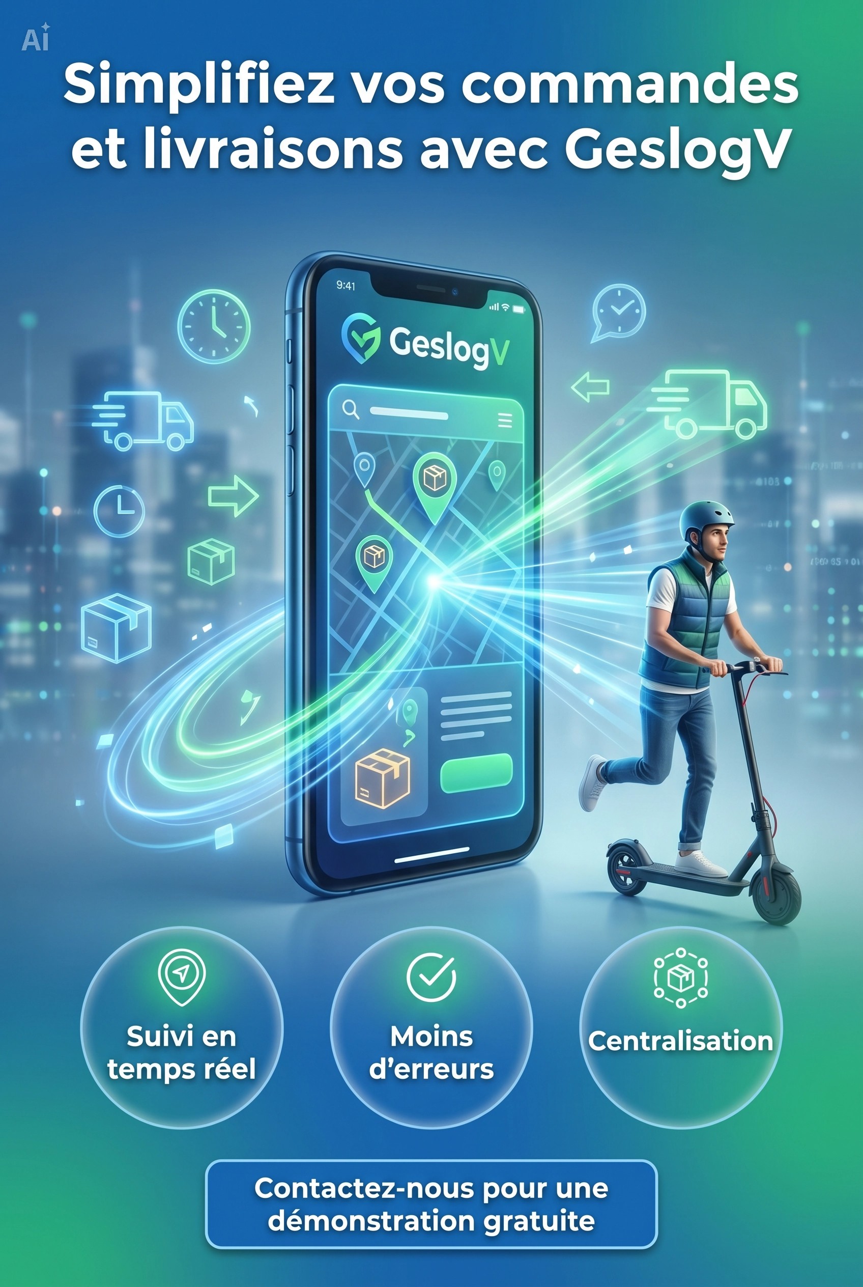 Application GeslogV - Smartphone avec carte de livraison et livreur en trottinette